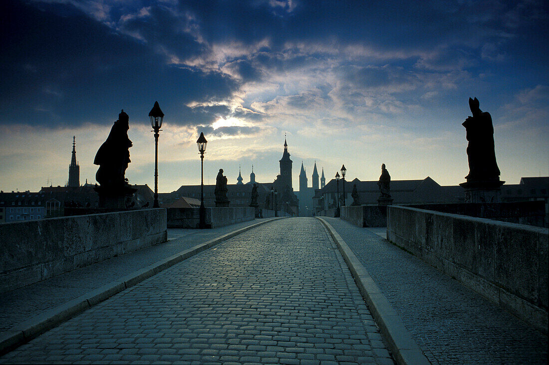 Old stone bridge over Main River in Wuerzburg, Franconia, Bavaria, Germany