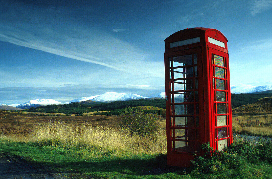 Red telephone box, Grampian Mountains, Scotland, Great Britain