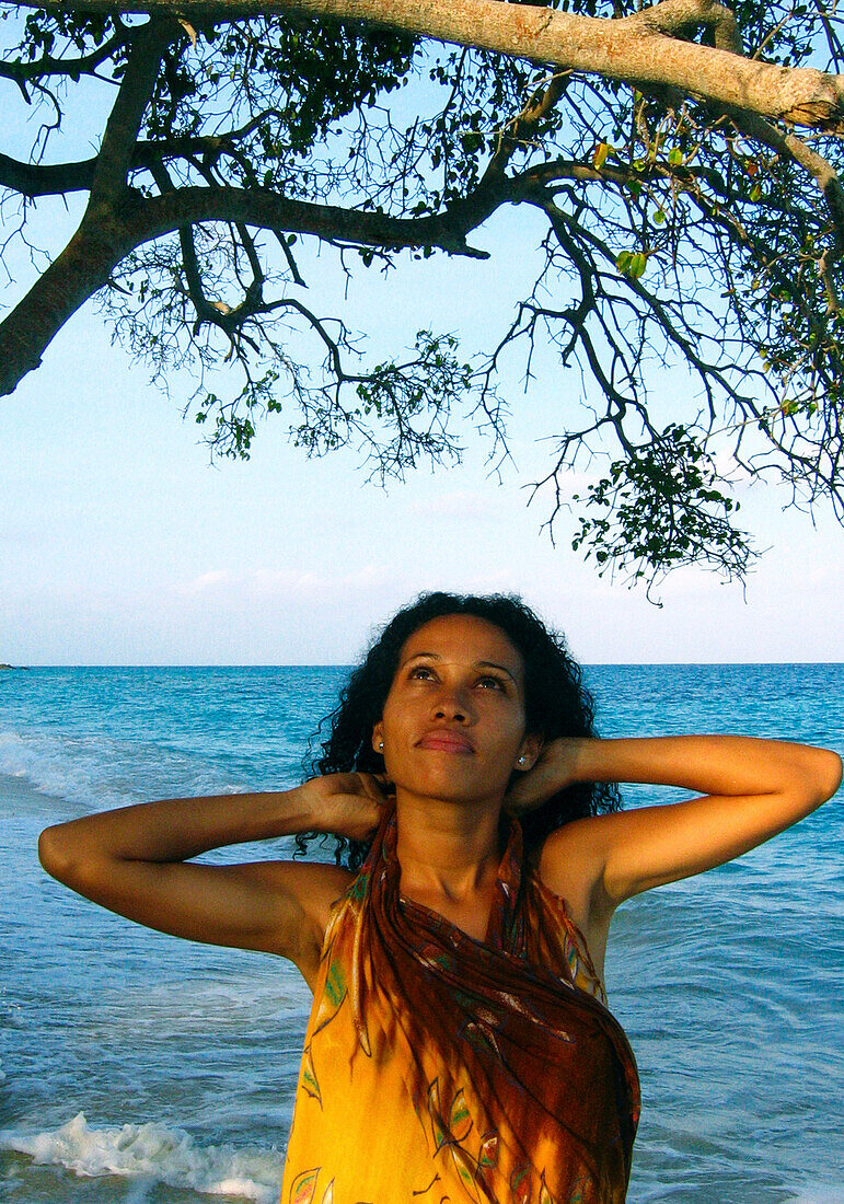 Beautiful Girl under Tree, Carribbean Beach, Colombia, South America