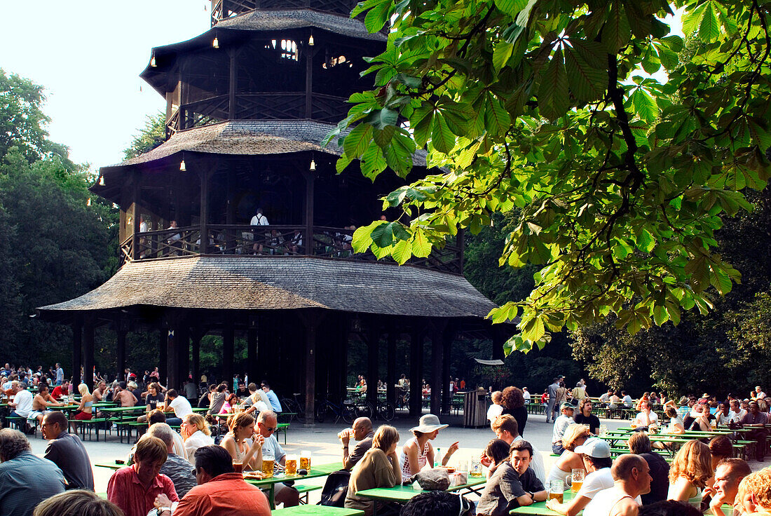 Chinesischer Turm, Beergarden at Chinesischer Turm, Chinese Tower, English Garden, Munich, Bavaria, Germany