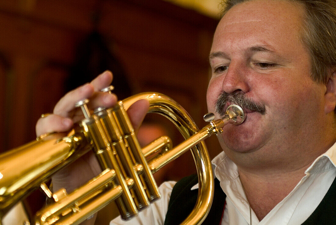 Wind section of the Krinoliner Blaskapelle brass band, Fraunhofer Restaurant, Fraunhofer Street, Munich, Bavaria, Germany