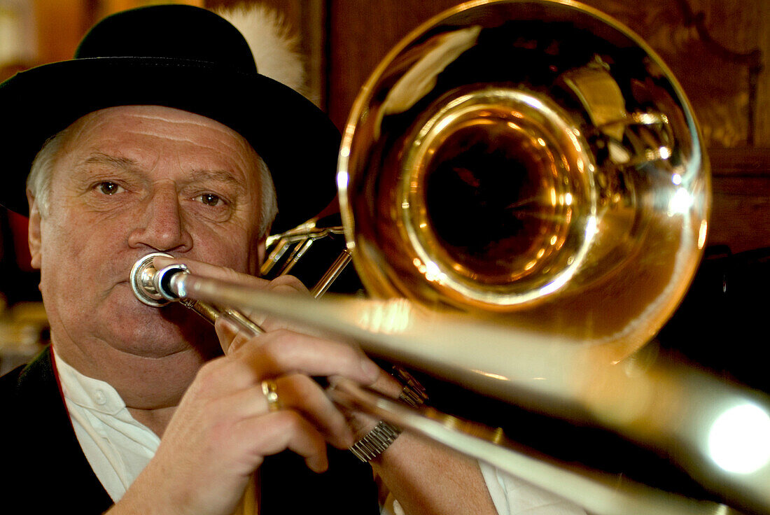 Wind section of the Krinoliner Blaskapelle brass band, Fraunhofer Restaurant, Fraunhofer Street, Munich, Bavaria, Germany