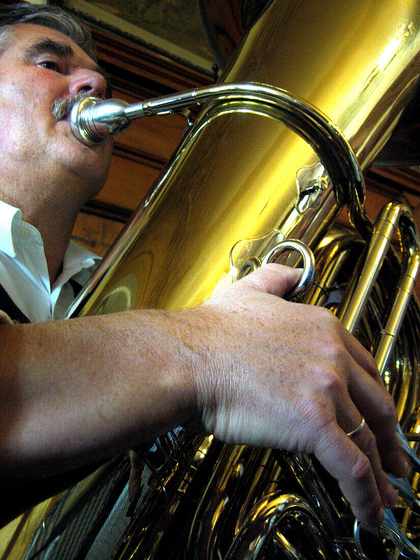 Wind section of the Krinoliner Blaskapelle brass band, Fraunhofer Restaurant, Fraunhofer Street, Munich, Bavaria, Germany