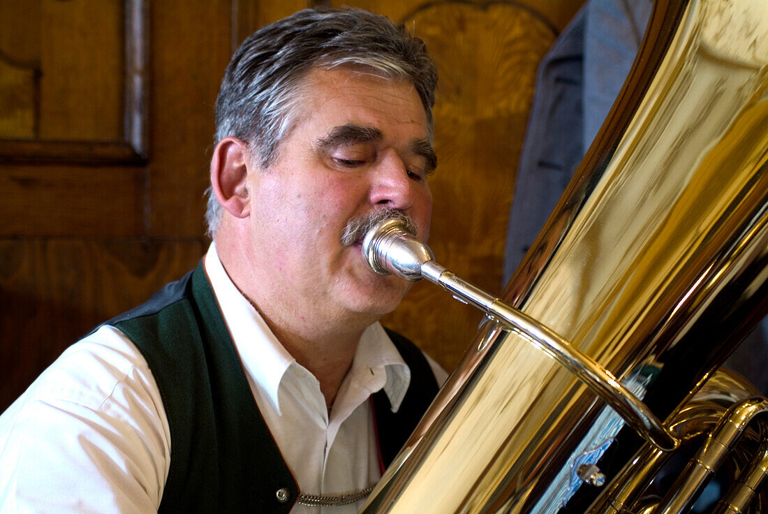 Wind section of the Krinoliner Blaskapelle brass band, Fraunhofer Restaurant, Fraunhofer Street, Munich, Bavaria, Germany