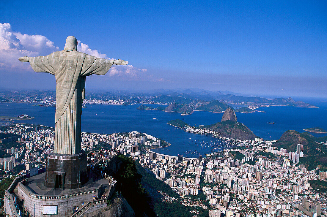 View of Statue of Christ Cristo Redentor and sugarloaf mountain, Rio de Janeiro, Brazil, South America, America