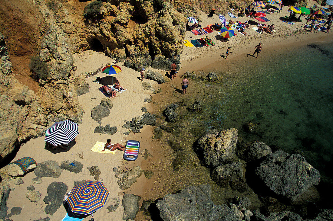 High angle view of beach in a bay, Praia Coelha, near Albufeira, Algarve, Portugal, Europe