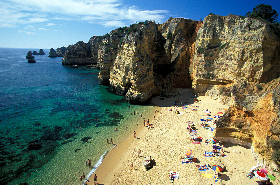 High angle view of beach and rocky coast, Praio do Camilo, Lagos, Algarve, Portugal, Europe