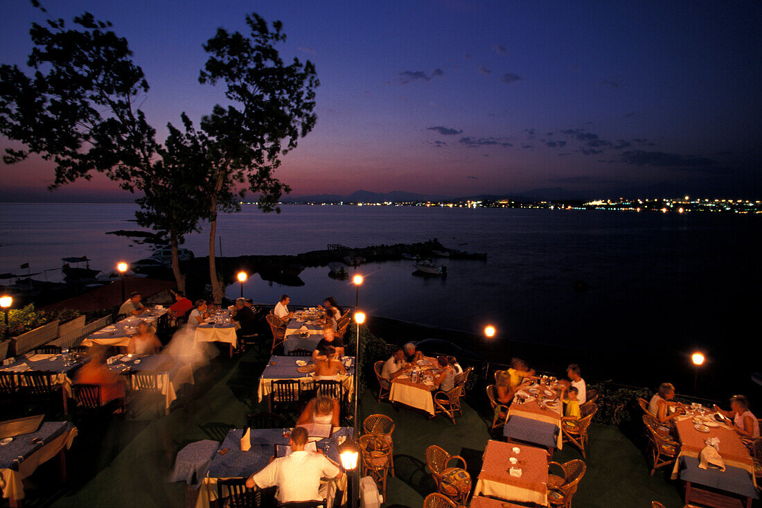 Beach Restaurant in the evening, Side, Turkish Riviera, Turkey