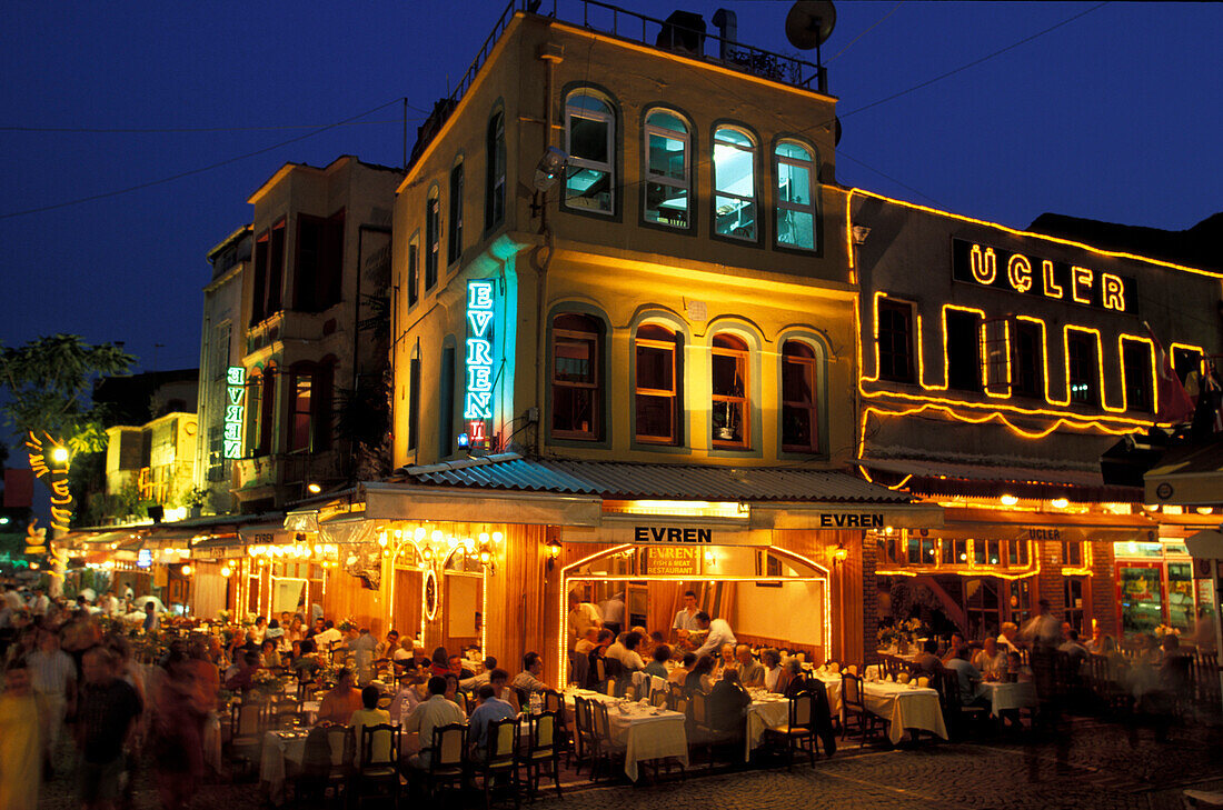 Fish restaurants in the evening, Kumkapi, Istanbul, Turkey
