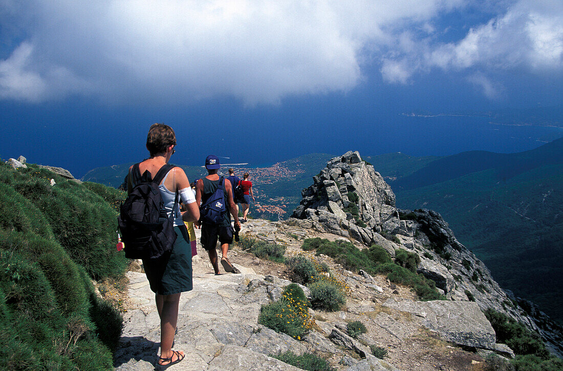 Hikers on the mountain Monte Capanne, Isle of Elba, Tuscany, Italy, Europe