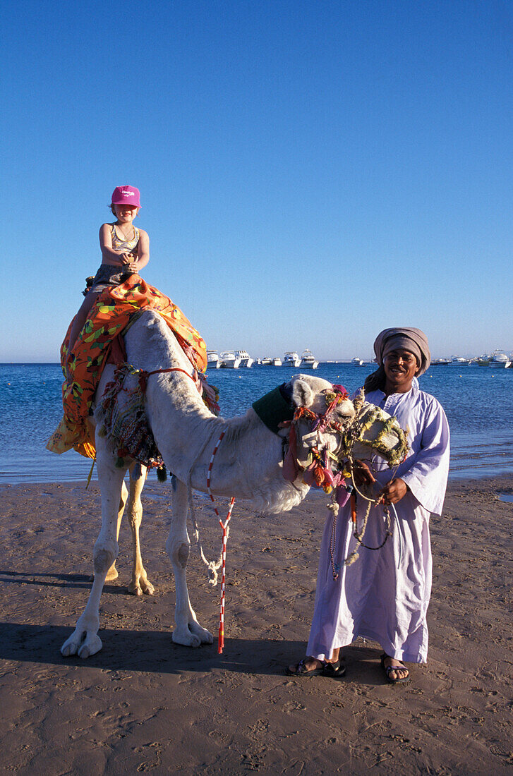 Tourist reitet auf einem Kamel am Strand, Hurghada, Rotes Meer, Ägypten, Afrika