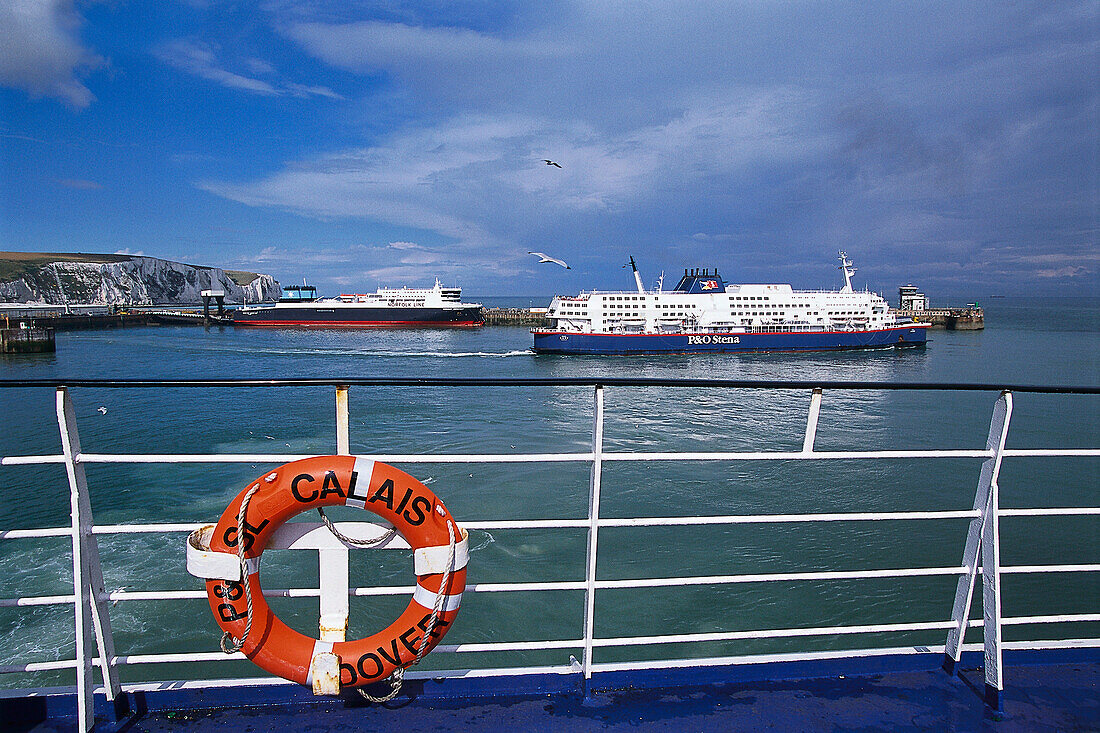 Lifebelt, on board the ferry to Calais, Dover, Kent, England, Great Britain