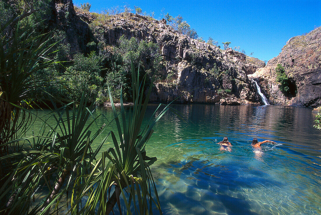Couple swimming in a lake, Barramundi Gorge, Kakadu National Park, Northern Territory, Australia