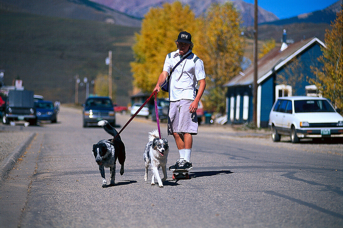 Skatboarder with Dogs, Crested Butte , Colorado USA