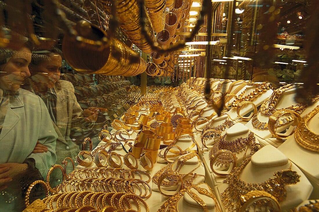 Gold in the window of a jewellers shop, Gold Trade, Grand Bazaar, Istanbul, Turkey