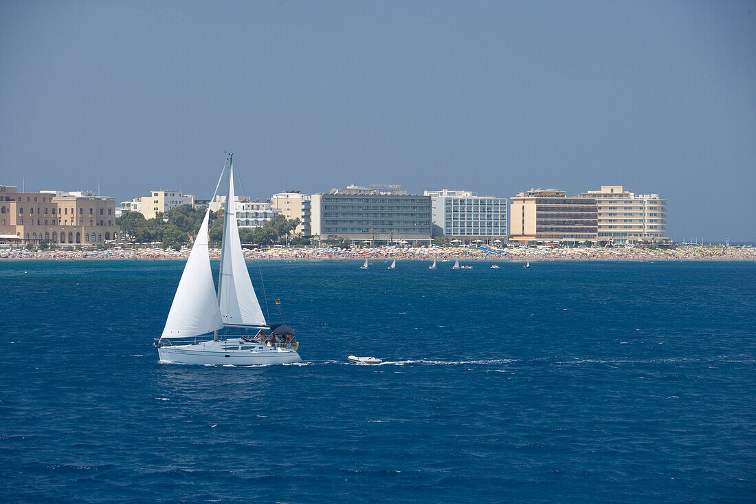 Sailboat and beach Hotels, Rhodes Greece, Rhodes, Dodecanese Islands, Greece