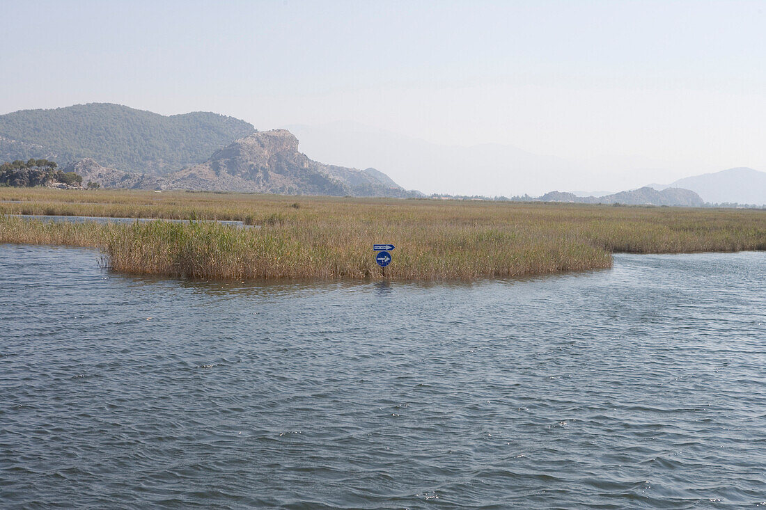 Seign post by reeds , Dalyan River, Antalya, Turkish Riviera, Turkey