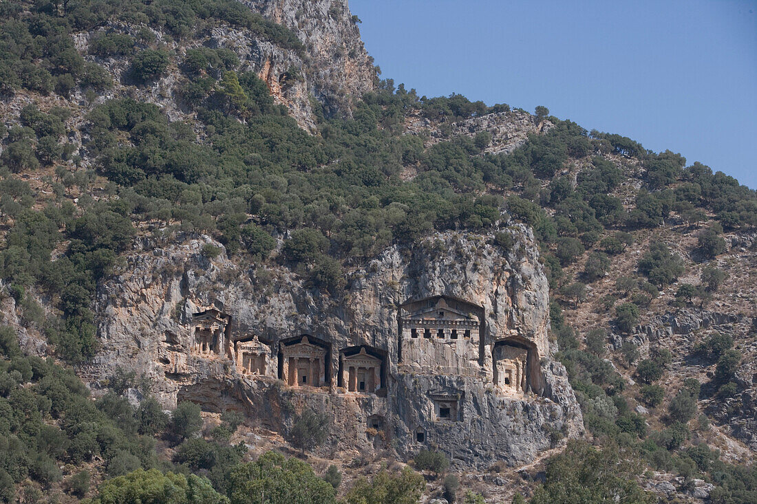 Lycian rock cut tombs of Dalyan, Cliff Tombs, Dalyan River, Antalya, Turkish Riviera, Turkey