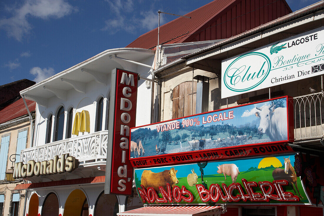 Facades, Balconies, Signs, Facades and balcony of a row of houses in Basse-Terre, Guadeloupe, Caribbean Sea, America