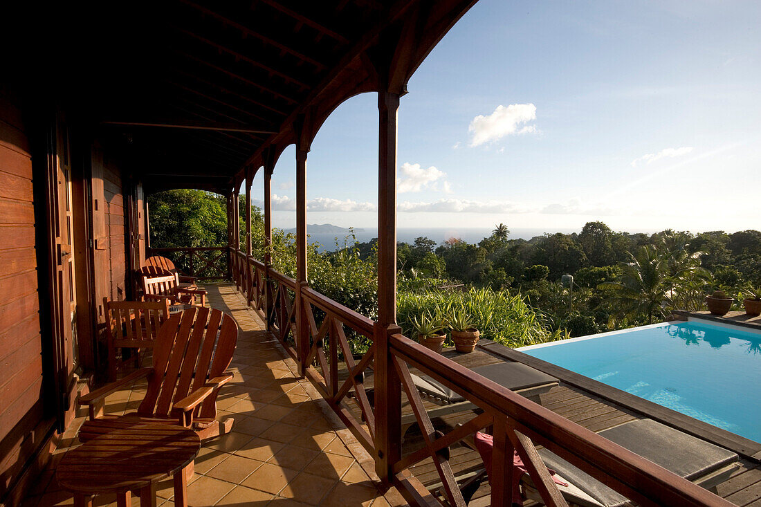 Covered Balcony at Hotel Le Jardin Malanga, Trois Rivieres, Basse-Terre, Guadeloupe, Caribbean Sea, America
