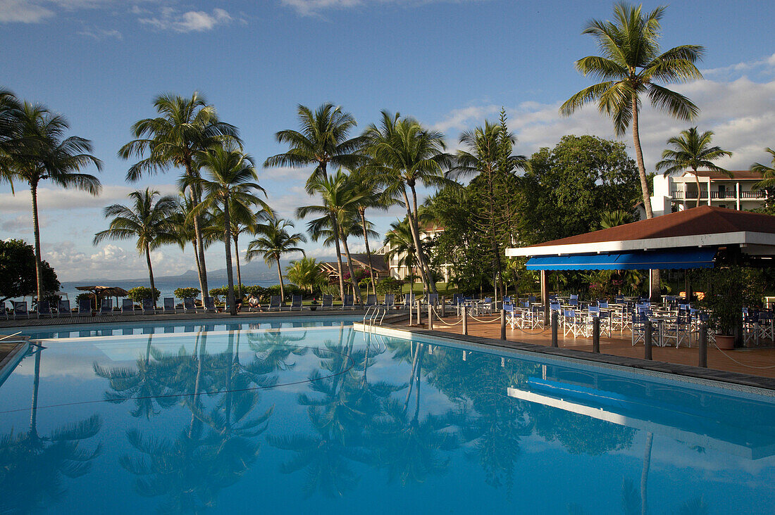 Empty Pool, Palm Trees, Pool in front of Hotel Creole Beach, Basse-Terre, Guadeloupe, Caribbean Sea, America