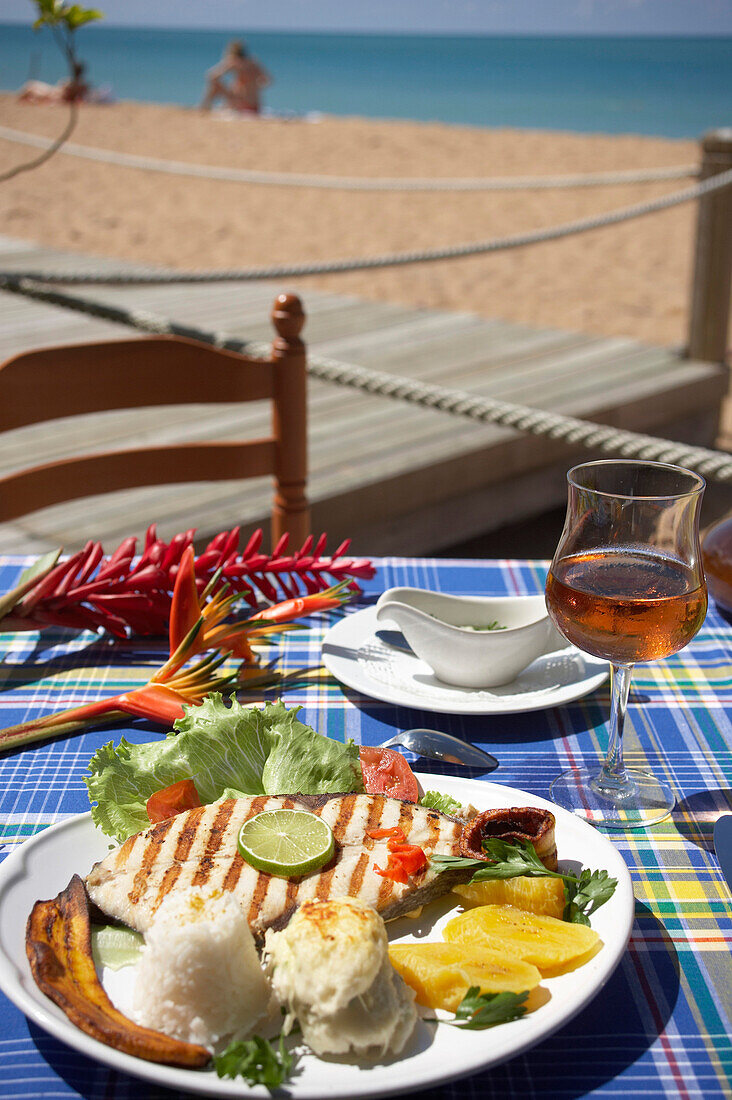 Grilled bream in Le Karacoli Restaurant, Grande-Anse, Deshaies, Basse-Terre, Guadeloupe, Caribbean Sea, America