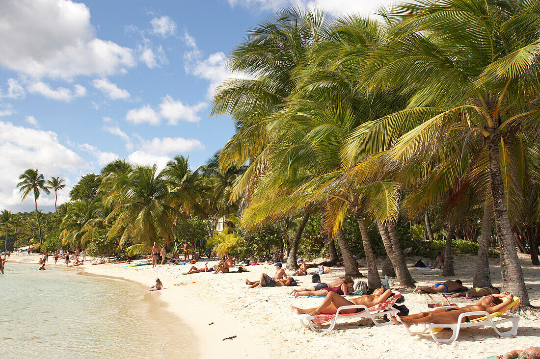 People sunbathing on Caravelle Beach, Club Med, Sainte-Anne, Grande-Terre, Guadeloupe, Caribbean Sea, America