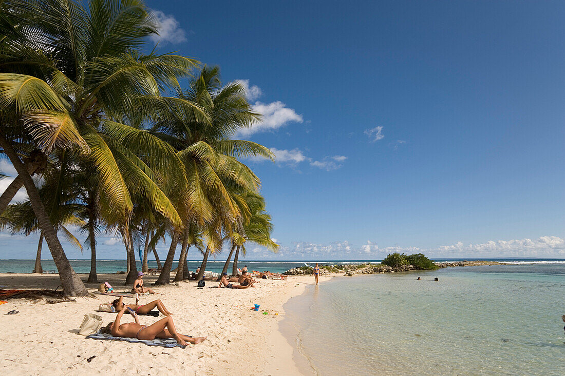 Leute sonnen sich am Strand, Caravelle Beach, Club Med, Sainte-Anne, Grande-Terre, Guadeloupe, Karibisches Meer, Karibik, Amerika