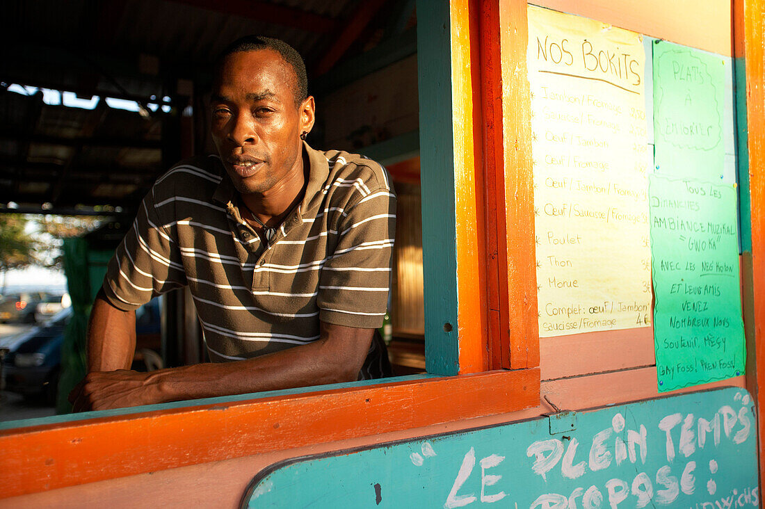 Man looking at camera, Saint Francois, Grande-Terre, Guadeloupe