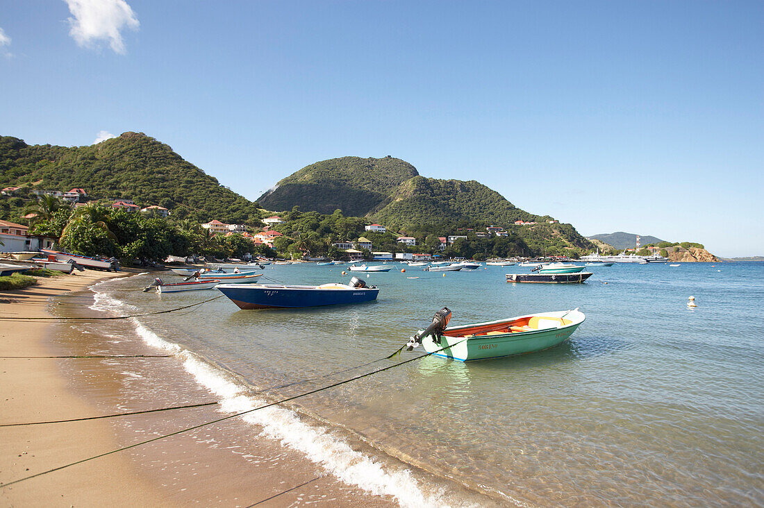 Boats fixed at the beach in Terre-de-Haute, Les Saintes Islands, Guadeloupe