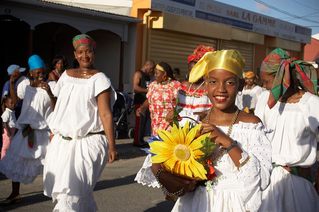 Women dressed in white at the Poppy Carnival, Le Moule, Grande-Terre, Guadeloupe, Caribbean Sea, America
