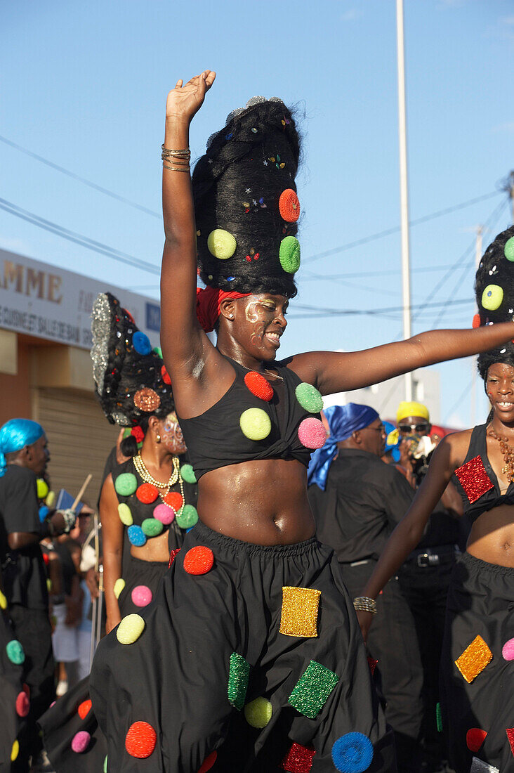 Woman wearing a colourful costume at the Carnival, Le Moule, Grande-Terre, Guadeloupe, Caribbean sea, Caribbean, America
