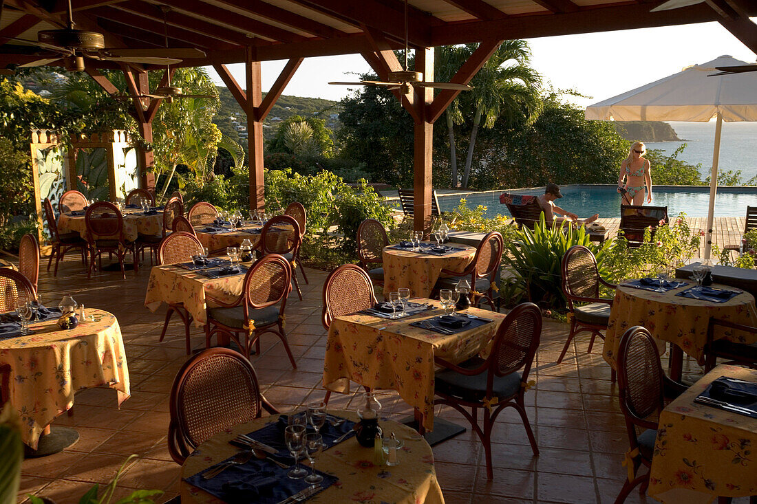 Pool, Tables, Chairs, Dinner Room, Pool with tables and chairs in the front at Hotel Restaurant Le Rayon Vert, Deshaies, Basse-Terre, Guadeloupe, Caribbean Sea, America