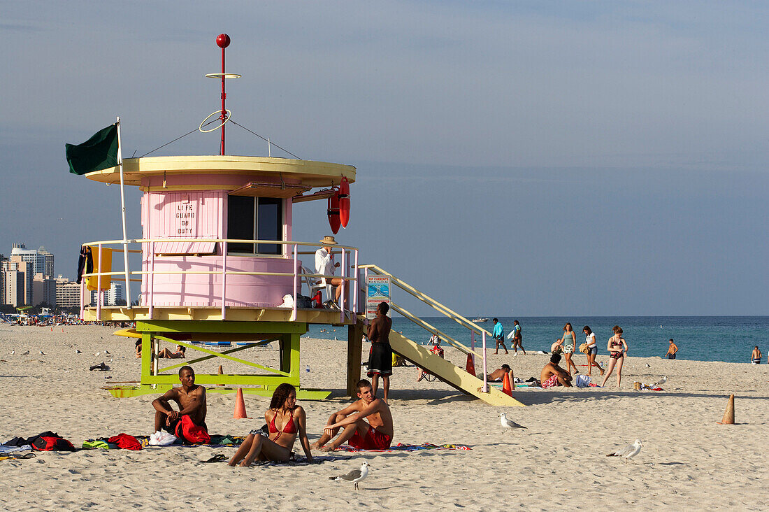 Lifeguard tower and people on the beach, South Beach, Miami, Florida, USA, America