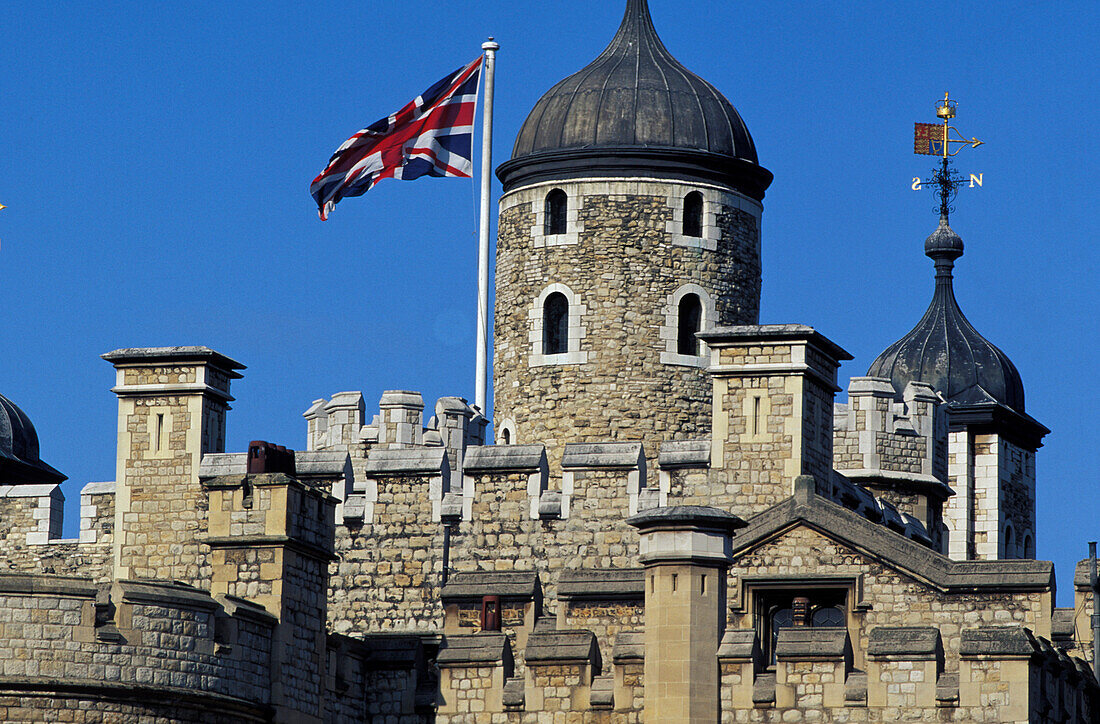 Detail of the Tower of London with flag, London, Great Britain, Europe