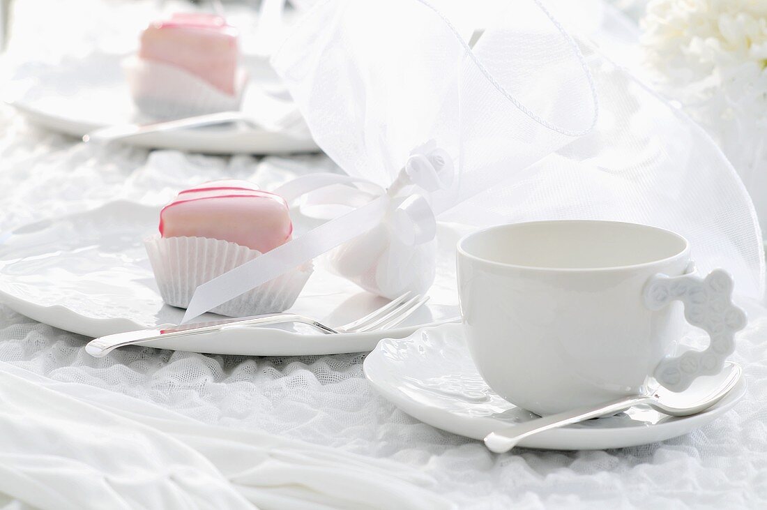 Festive dessert and white coffee crockery