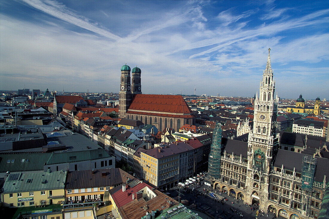 View over Munich with Frauenkirche and New Town Hall, Munich, Bavaria, Germany