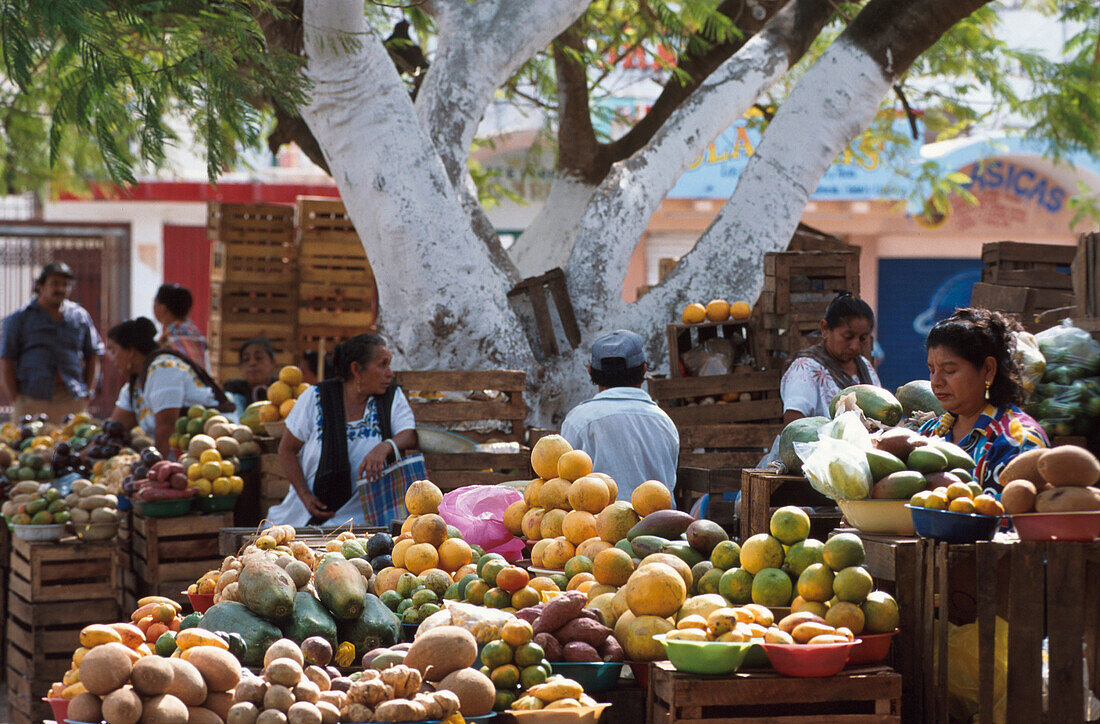 Fruit stalls at the market, Oxkutzcab market, Yucatan, Mexico