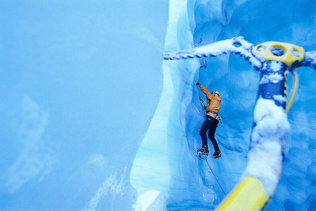 Ice climber on steep climb, Pitztaler Glacier, Austria