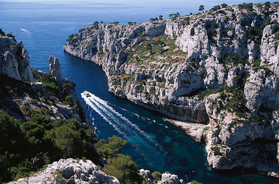 High angle view at rocky coast and boat, Calanque d'En-Vau, Cote d´Azur, Bouches du Rhone, Provence, France, Europe