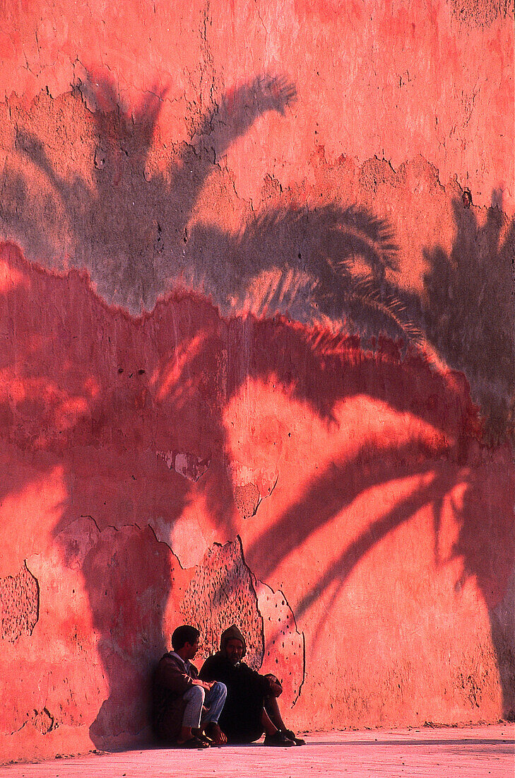 Two locals sitting in the shade of two palm trees against the city wall, Essaquira, Marocco