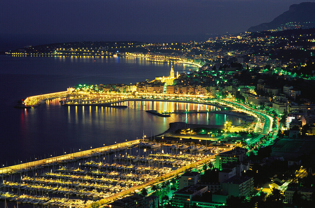 Illuminated seaport at night, Menton, Cap Martin, Cote d´Azur, Alpes Maritimes Provence, France, Europe