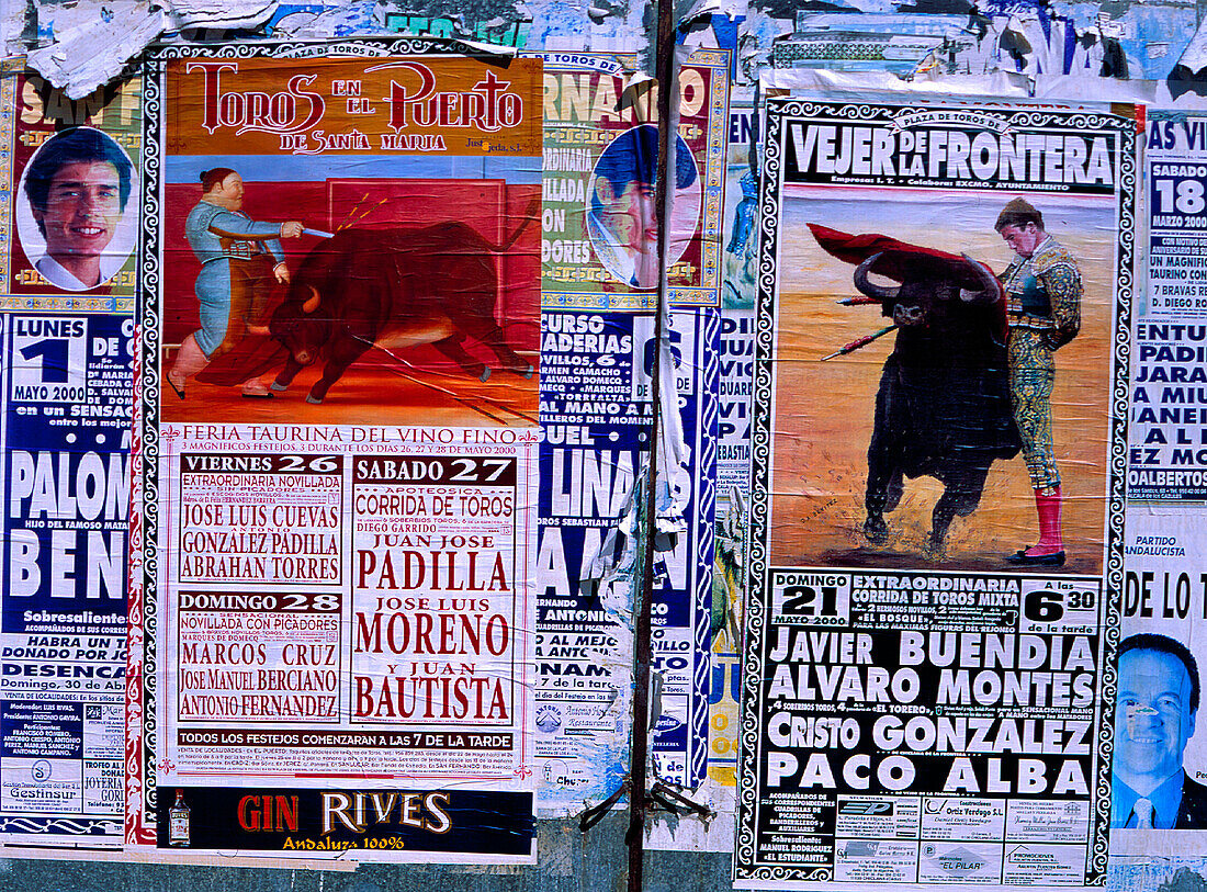 Plakate, Stierkampf, Conil de la Frontera, Cadiz Andalusien, Spanien