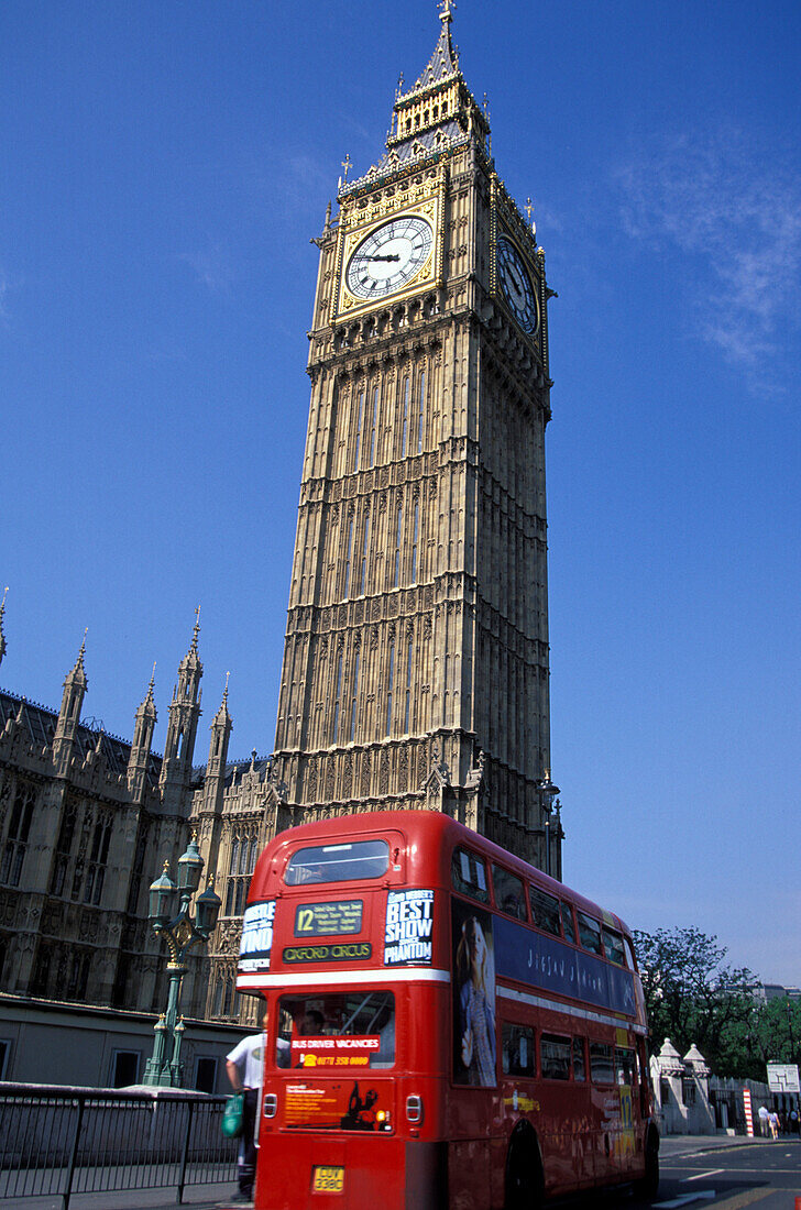 Doppeldeckerbus vor Big Ben, London, England, Grossbritannien, Europa