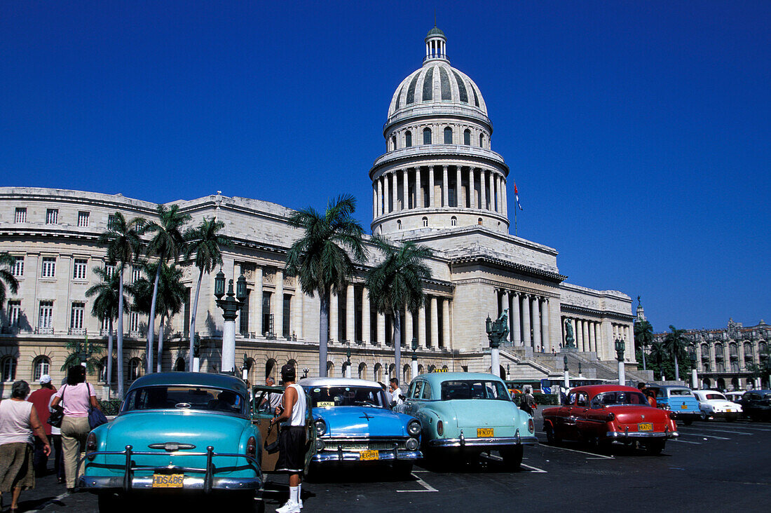Old Taxies in front of Capitolio Nacional, Havana Cuba, Caribbean