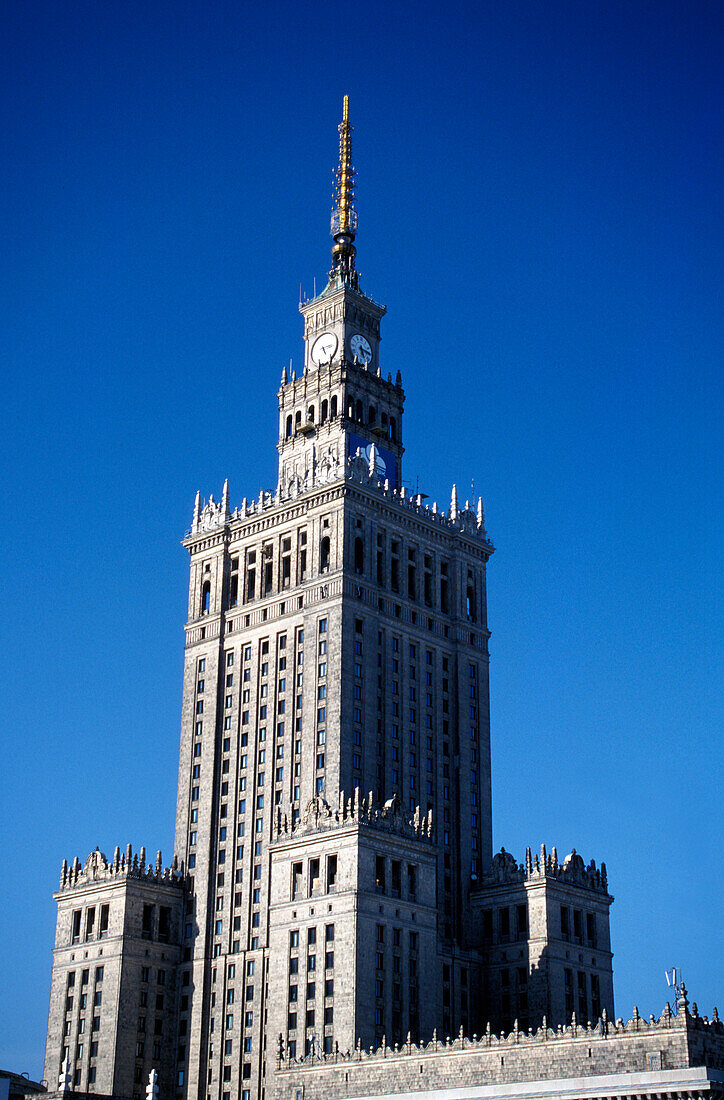 The Palace of Culture and Science under blue sky, Warsaw, Poland, Europe