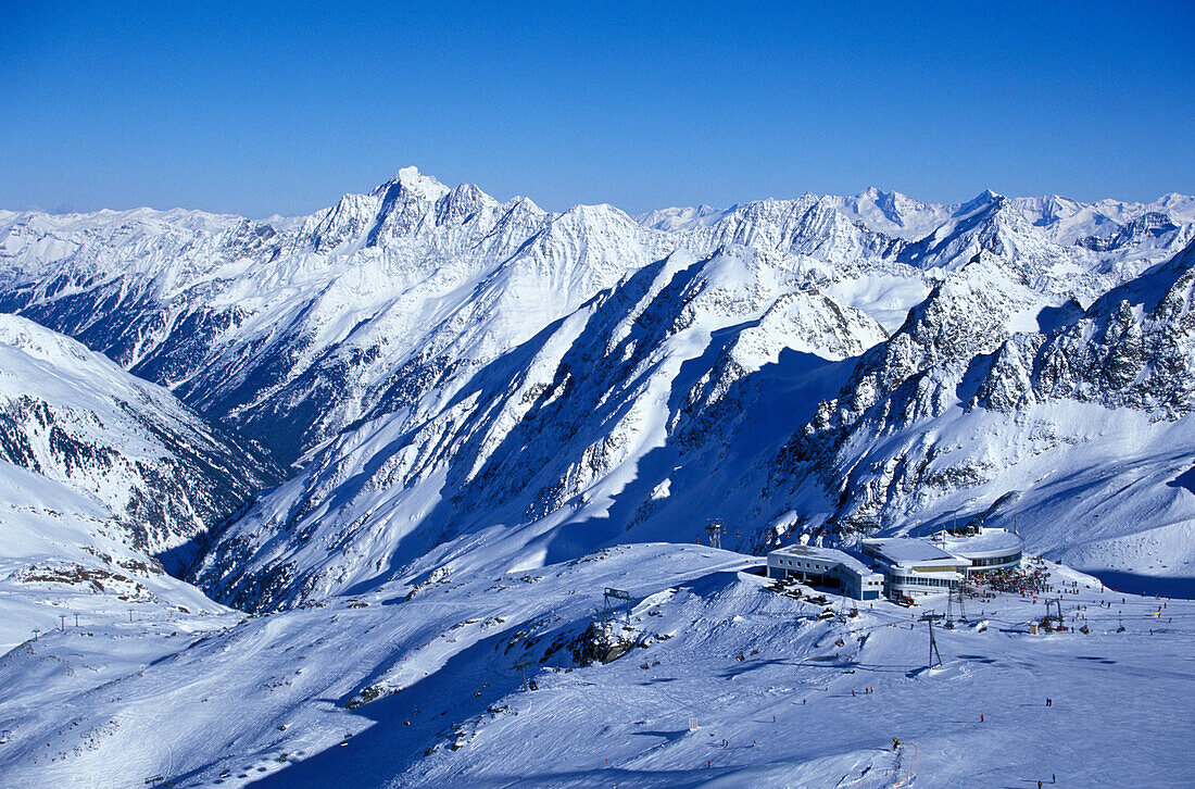 Eisgrat Panorama Restaurant and Winter mountain landscape, Stubaital Glacier, Tyrol, Austria