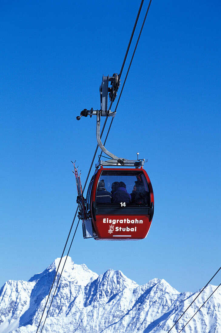Passenger cabin of Eisgrat Cabin Lift above Stubaital Glacier, Tyrol, Austria, Europe