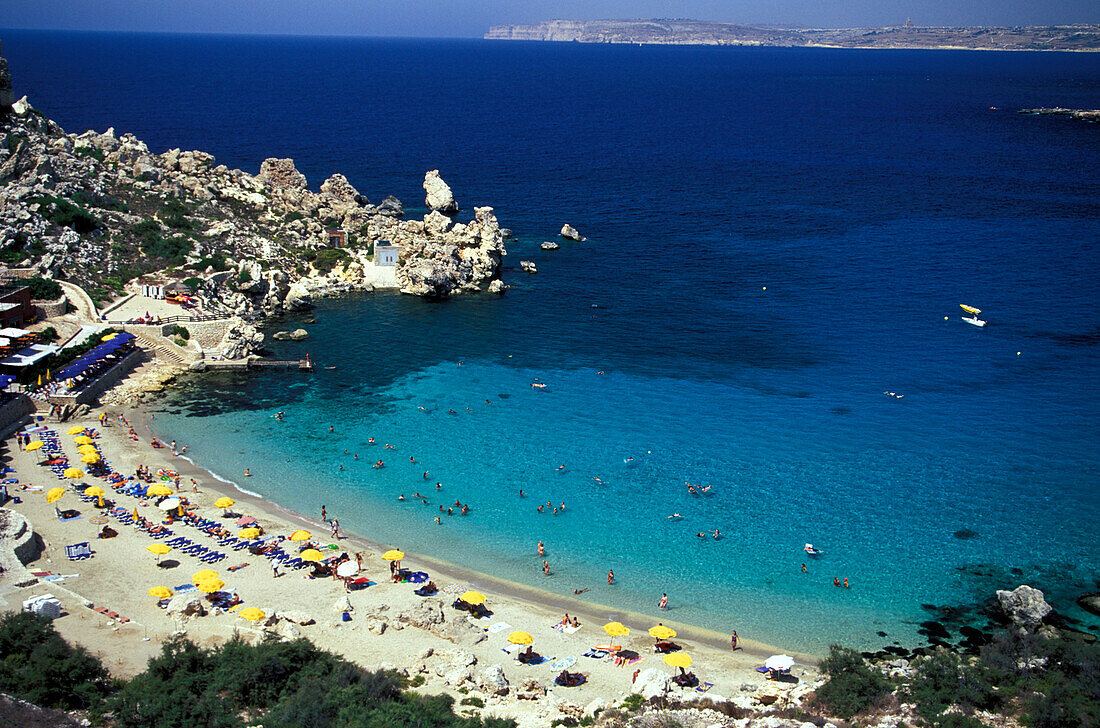 High angle view of beach at Paradise Bay, Malta, Europe