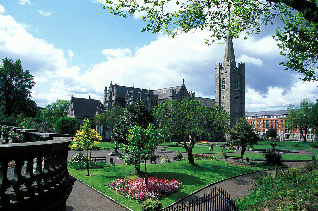 View of a park and St. Patrick' s Cathedral, Dublin, Ireland, Europe